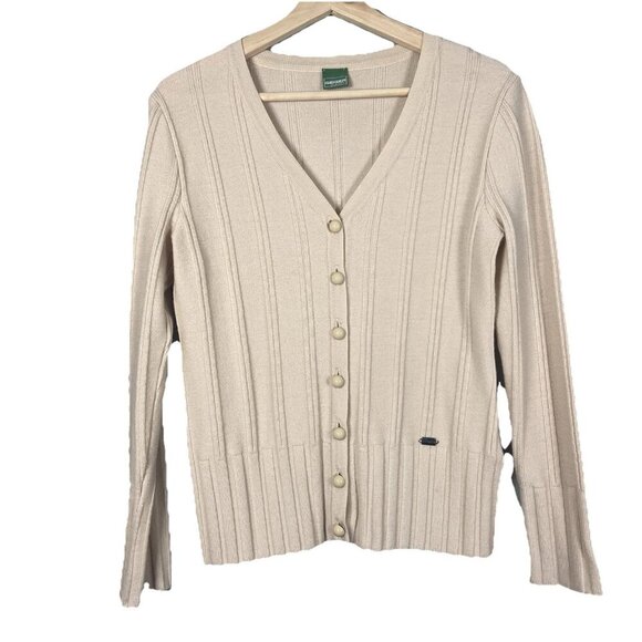 Geiger Collection Pure Wool Ribbed Ivory Cardigan Minimalist Neutral Size 34 Tan - Picture 1 of 11